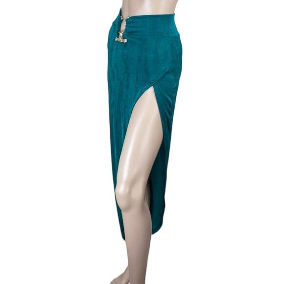 New Women's Emerald Green Split Side Stretchy Midi Skirt Size S - Picture 3 of 6